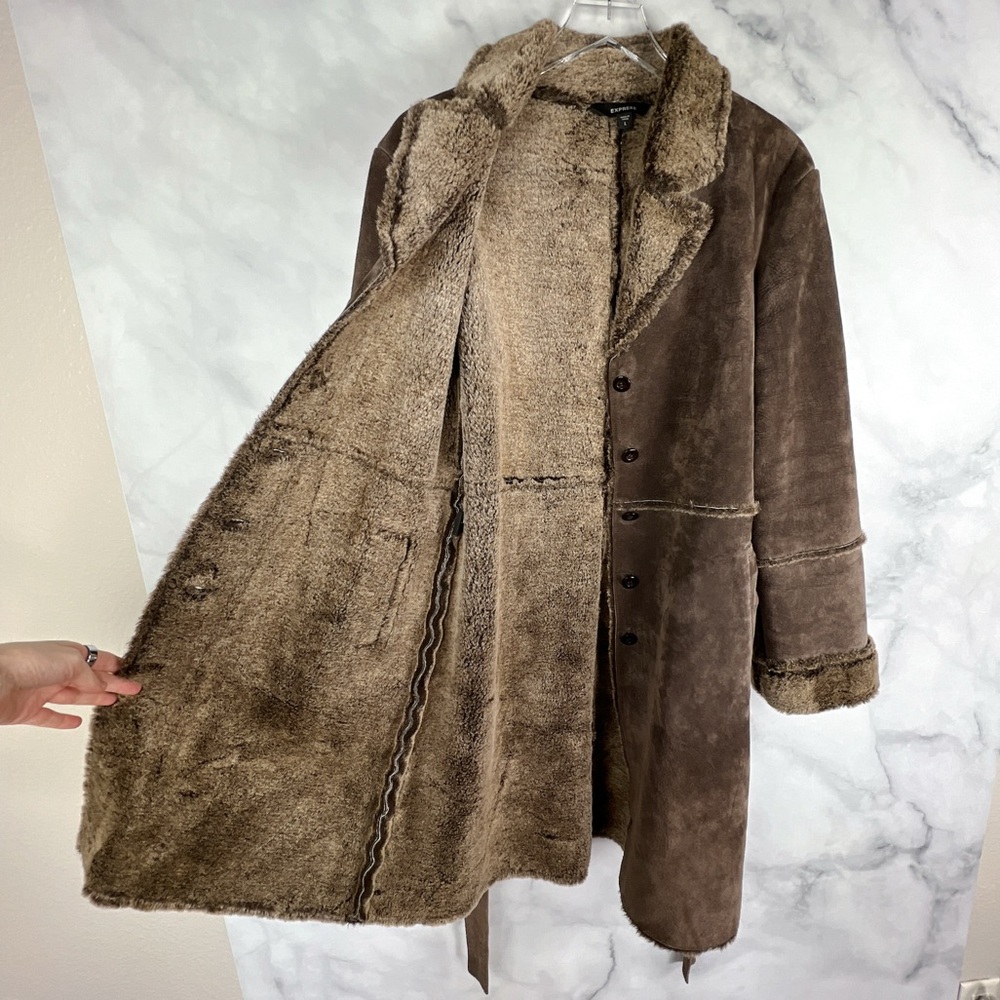 Express Vintage Y2K Suede Leather Faux Fur Belted Button Up Trench Coat Brown L - Picture 6 of 12